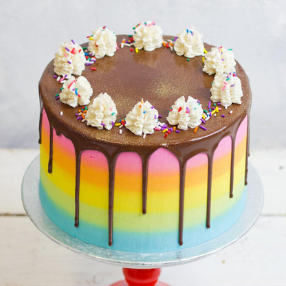 Chocolate drip rainbow cake