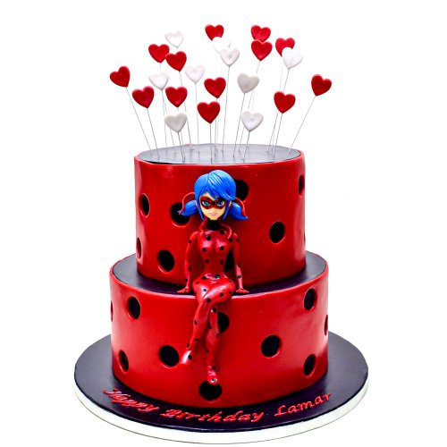 2 Tiered Ladybug &amp; Miraculous Topped Off With Hearts Cake